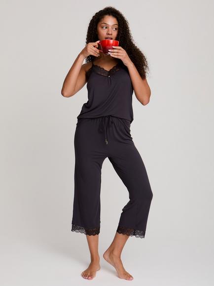 Pretty You London Bamboo Lace Cami Cropped Trouser Pyjama Set, Raven