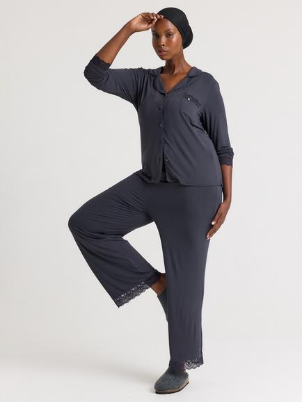 Pretty You London Plain Lace Bamboo Shirt Pyjama Set, Raven