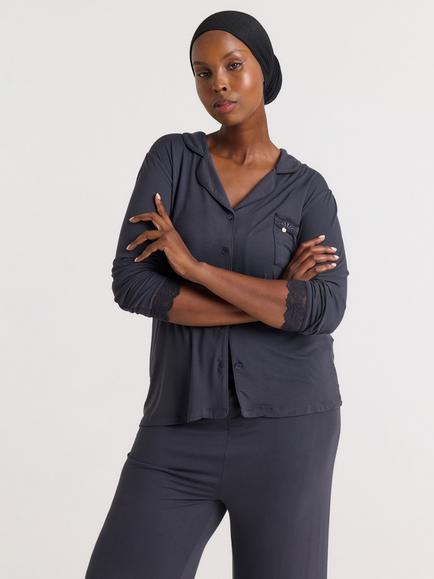 Pretty You London Plain Lace Bamboo Shirt Pyjama Set - view 2, Raven