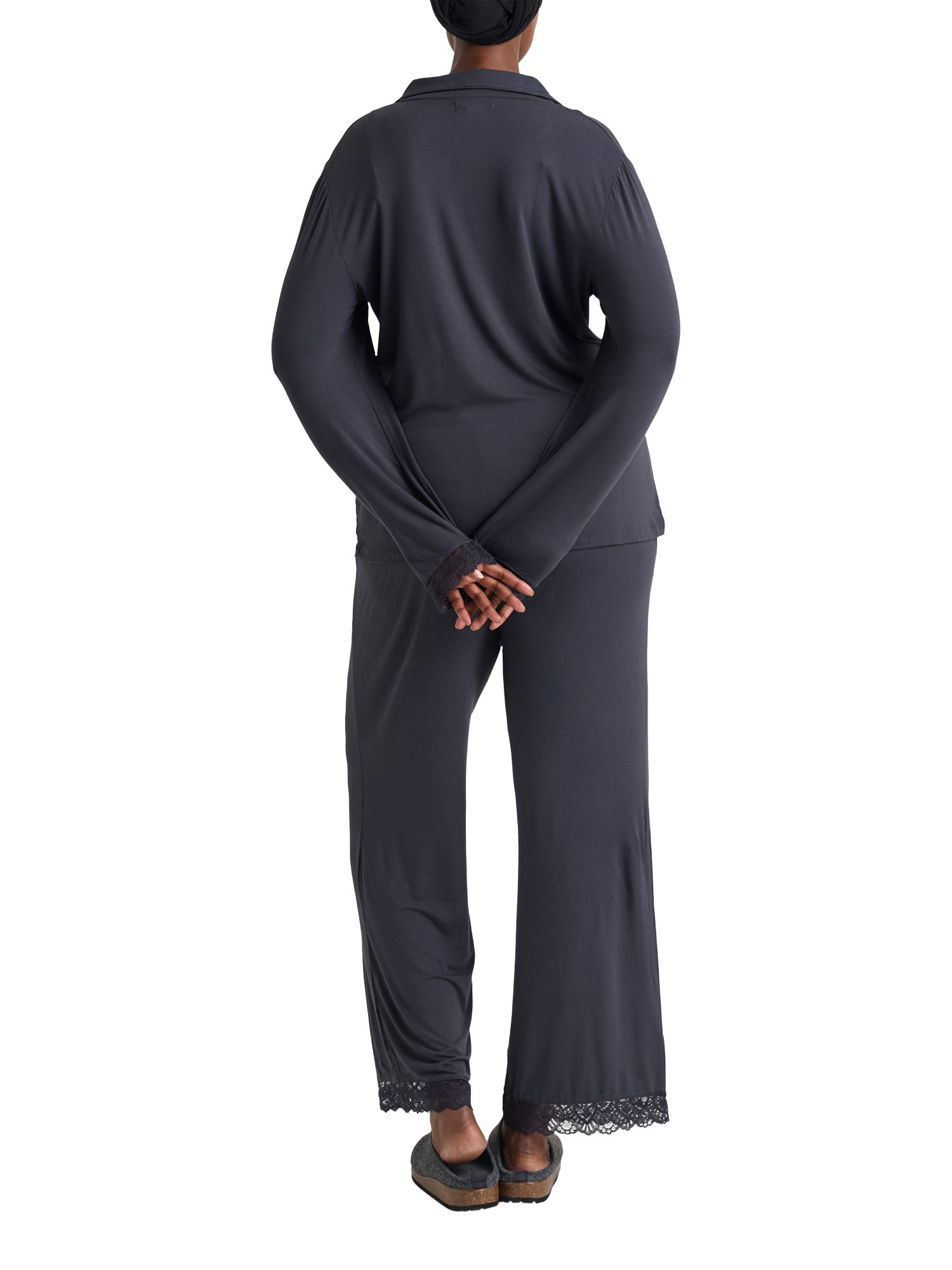 Product image 5 of 5, which shows Pretty You London Plain Lace Bamboo Shirt Pyjama Set, Raven, 18