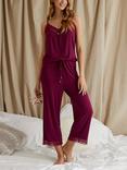 Pretty You London Lace Bamboo Cami Cropped Trouser Pyjama Set, Bordeaux