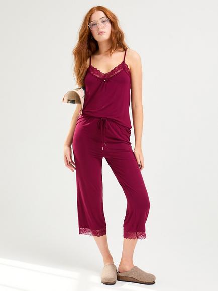 Pretty You London Lace Bamboo Cami Cropped Trouser Pyjama Set, Bordeaux
