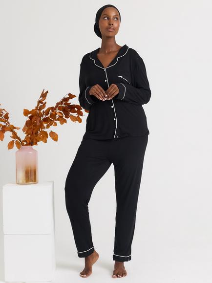 Pretty You London Bamboo Long Pyjama Set, Black
