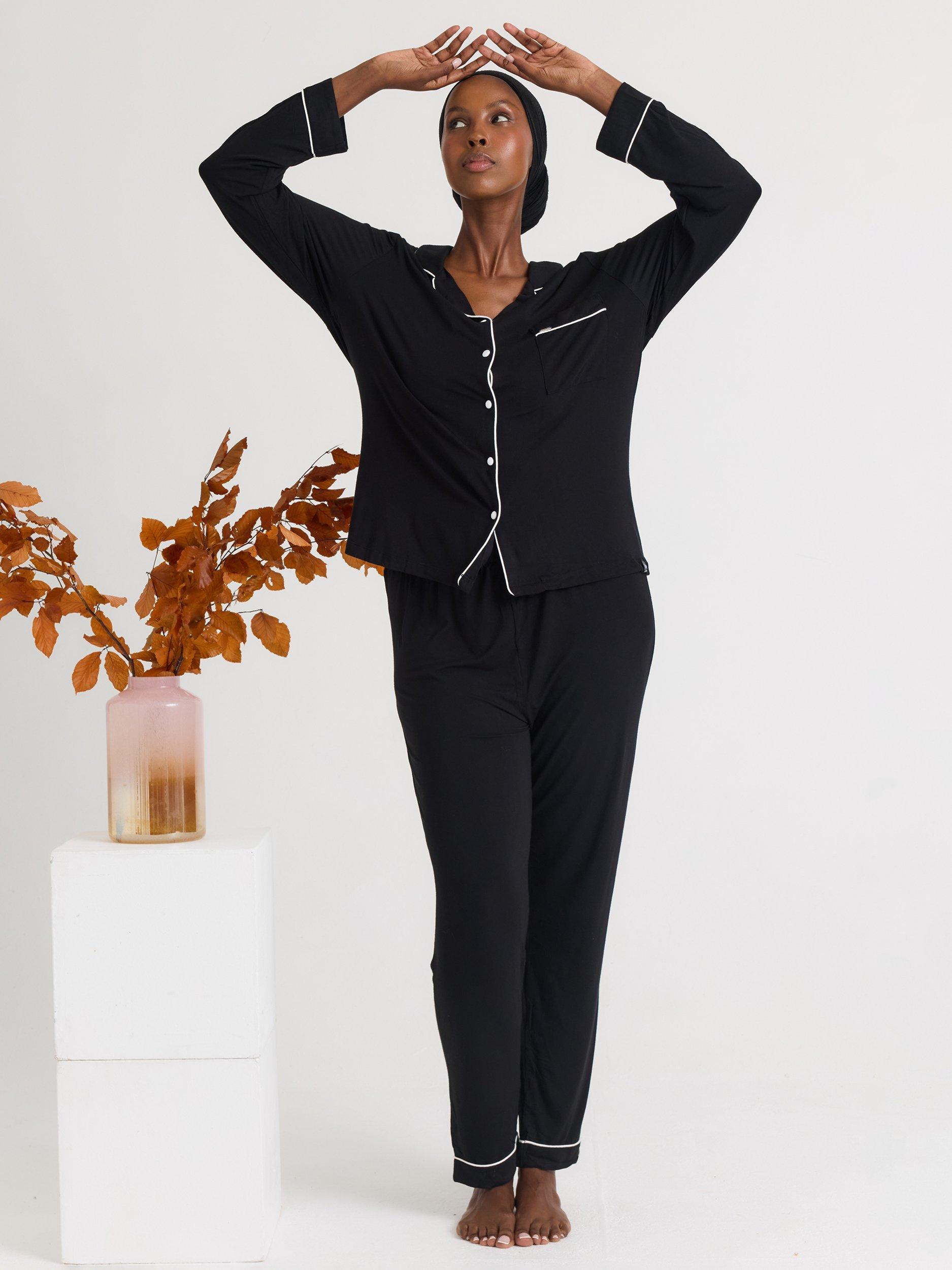 Product image 4 of 7, which shows Pretty You London Bamboo Long Pyjama Set, Black, 8