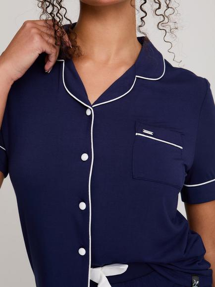 Pretty You London Contrast Trim Bamboo Rich Shorty Pyjama Set - view 2, Midnight