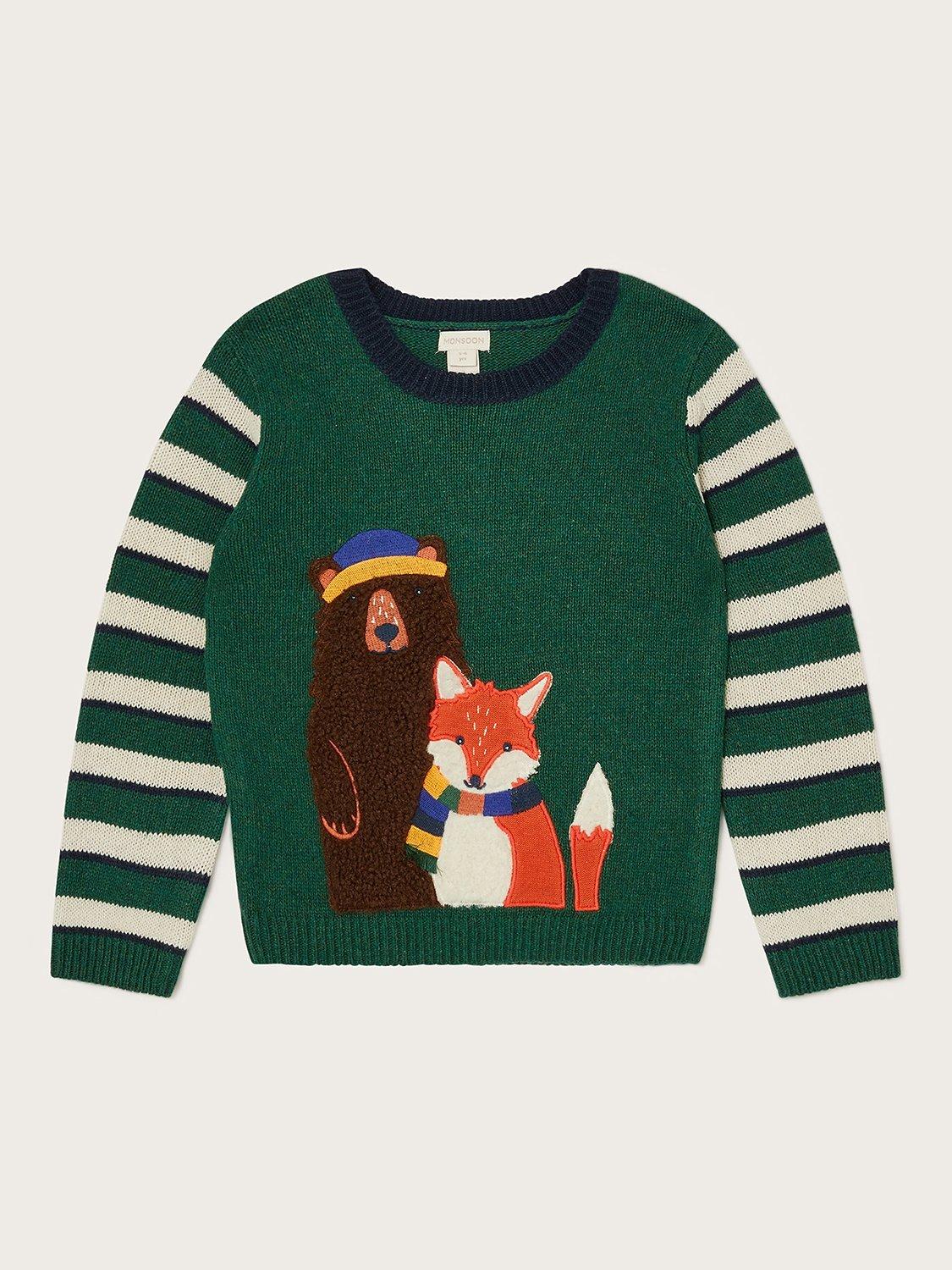Monsoon Kids' Woodland Animals Stripe Sleeve Jumper, Green