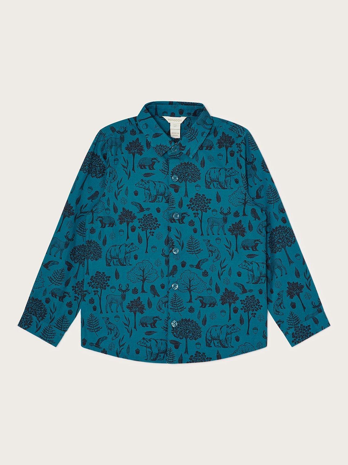 Monsoon Kids' Woodland Animals Print Shirt, Teal