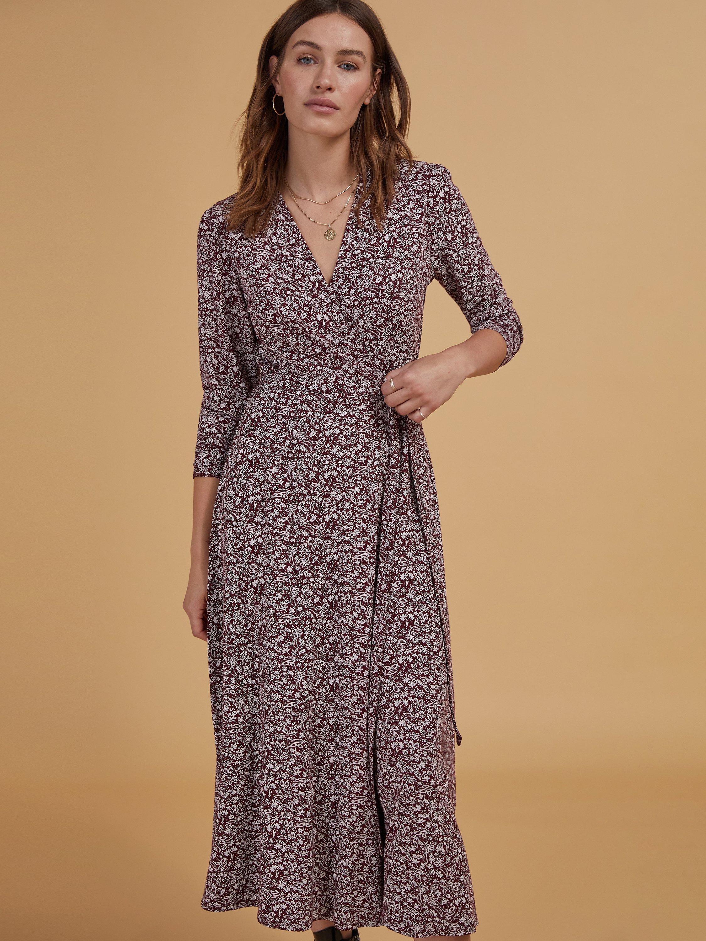 Baukjen Nicola Floral Folk Wrap Midi Dress, Garnet