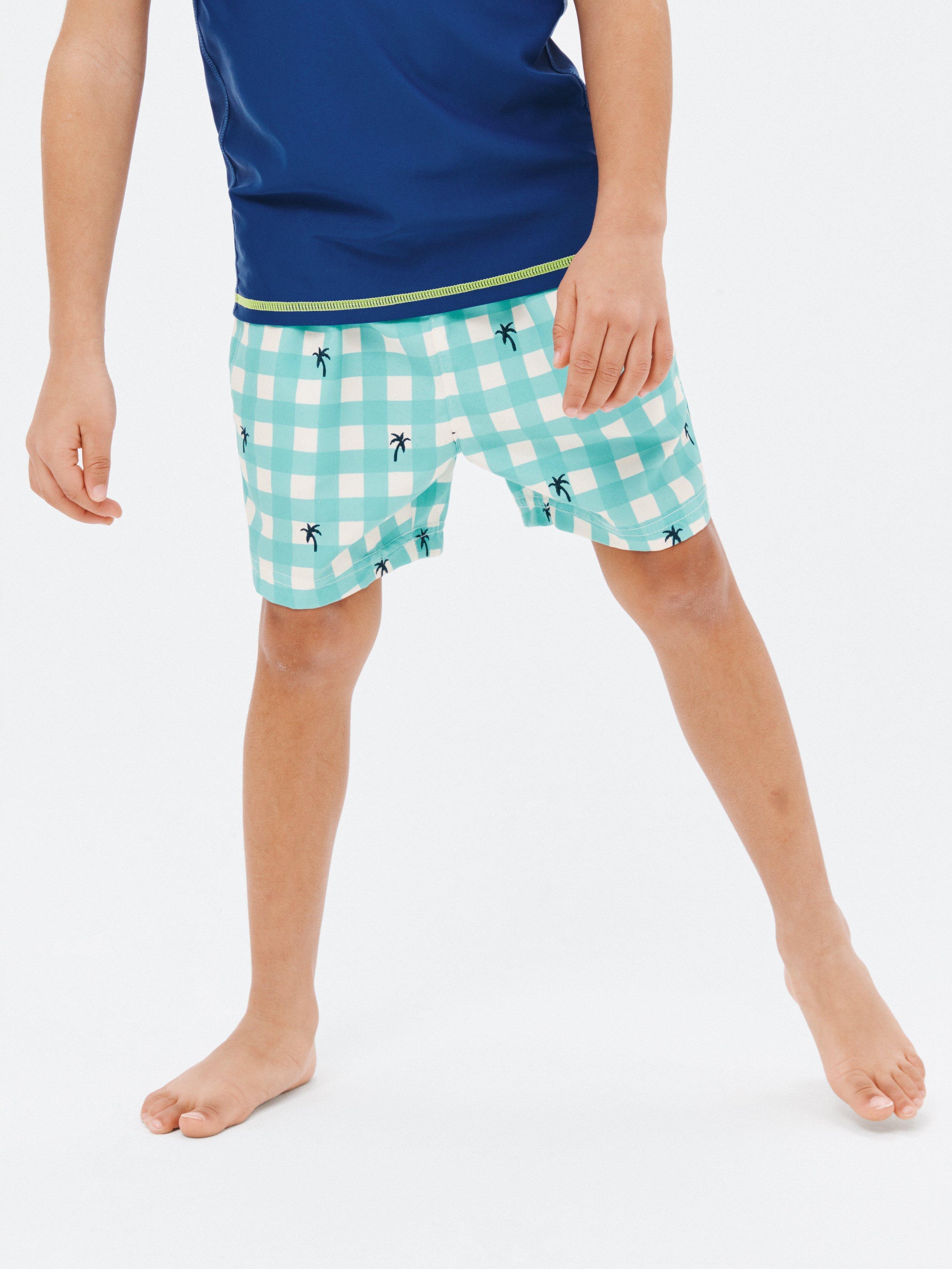 John Lewis Kids' Gingham Palm Board Shorts, Aqua