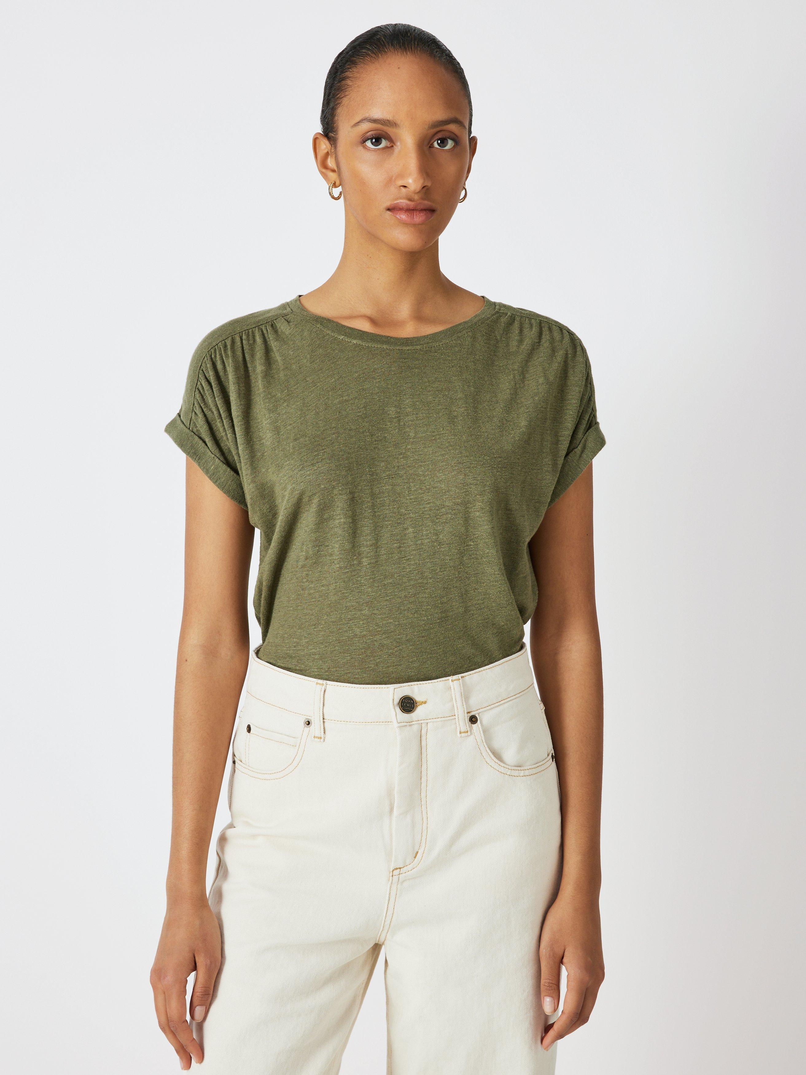 John Lewis Linen Gathered Shoulder T-Shirt, Khaki