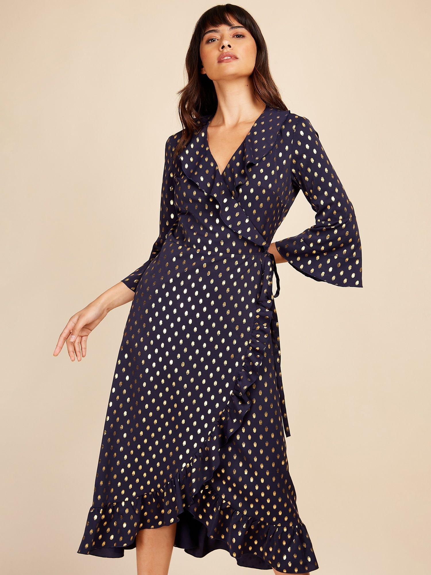 Little Mistress Satin Foil Wrap Midi Dress, Navy