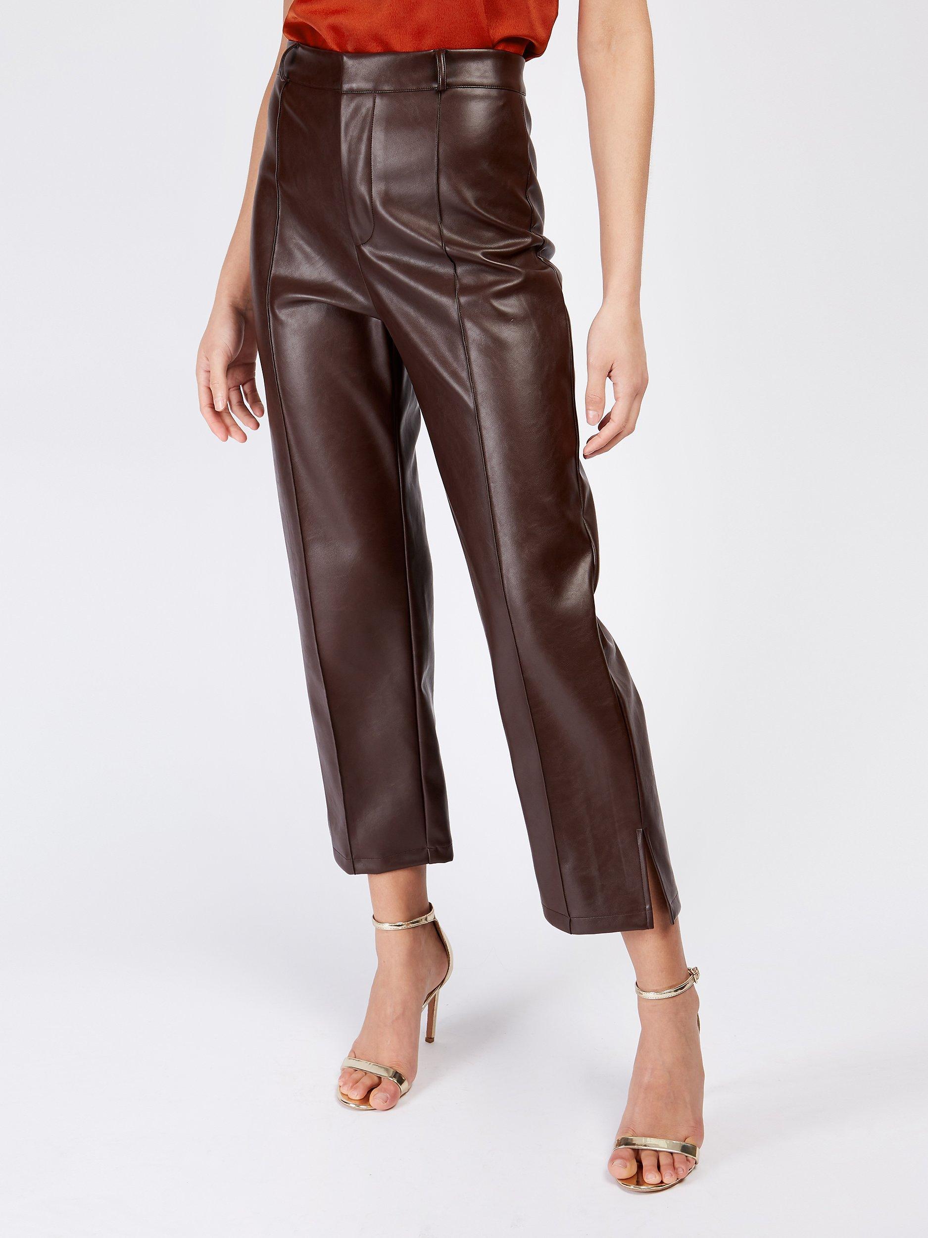 Little Mistress Leather Look Wide Leg Cropped Trousers, Dark Oak