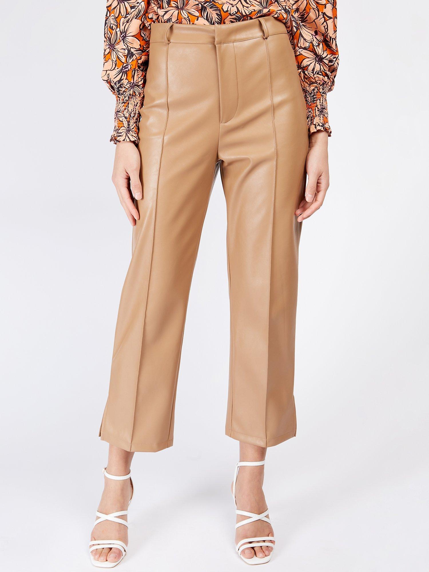 Little Mistress Leather Look Wide Leg Cropped Trousers, Camel