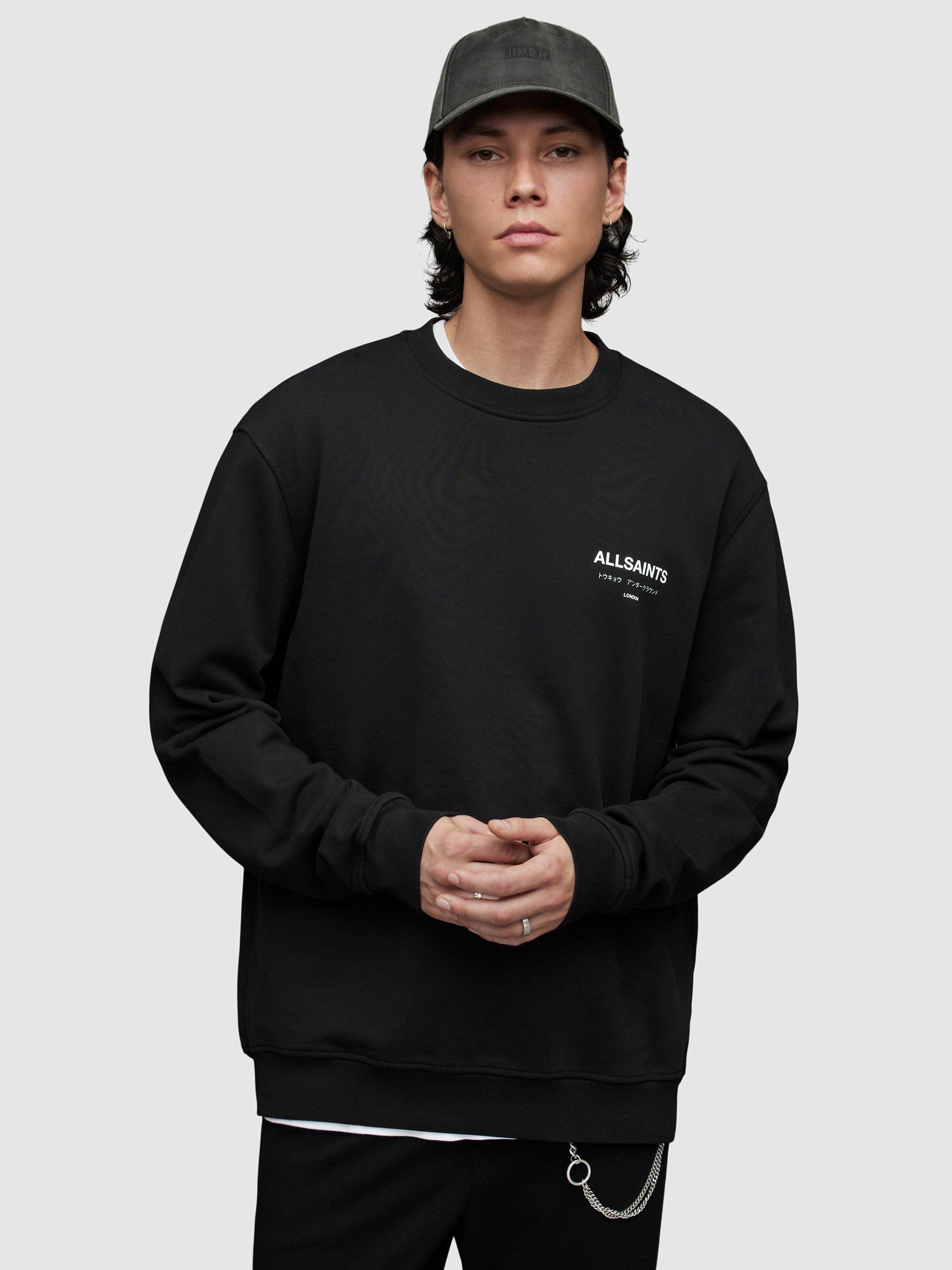 Product image 1 of 6, which shows AllSaints Underground Crew Neck Organic Cotton Jumper, Jet Black, XS