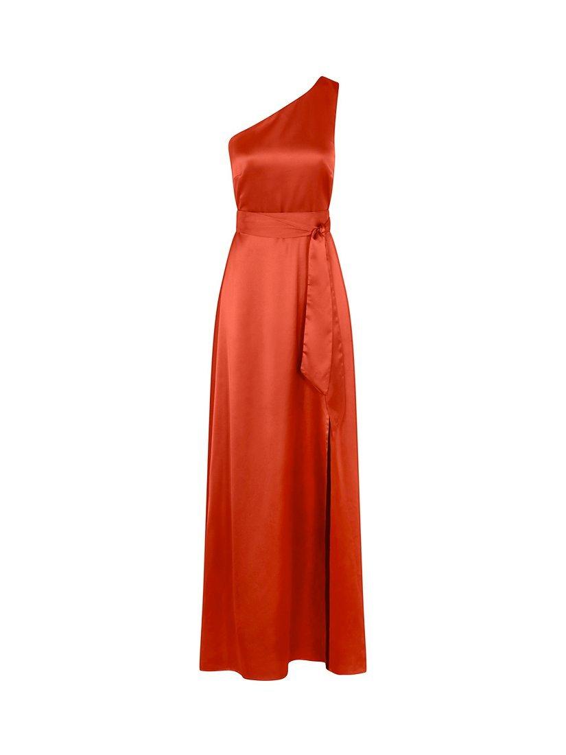 Product image 6 of 6, which shows Rewritten Satin One Shoulder Bridesmaid Dress, Burnt Orange, XS