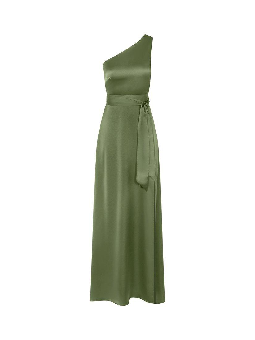 Product image 2 of 6, which shows Rewritten Satin One Shoulder Bridesmaid Dress, Olive, XS