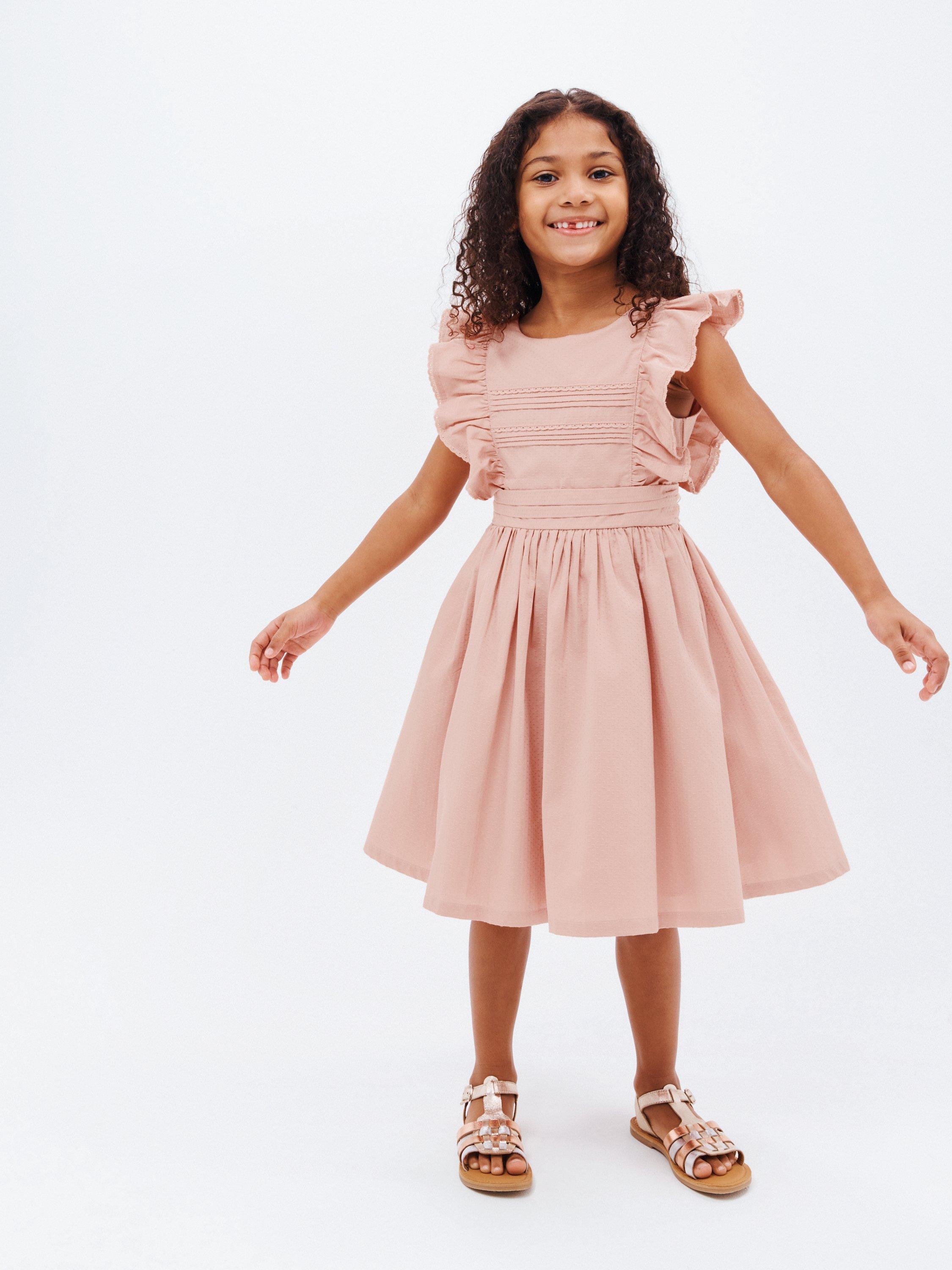 John Lewis Heirloom Collection Kids' Plain Frill Sleeve Fit & Flare Dress, Pink, 7 years