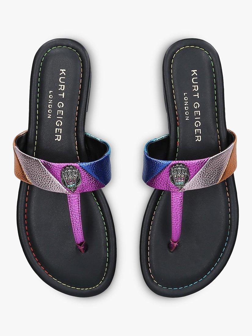 Product image 5 of 5, which shows Kurt Geiger London Kensington T-Bar Flat Leather Sandals, Black/Multi, 3