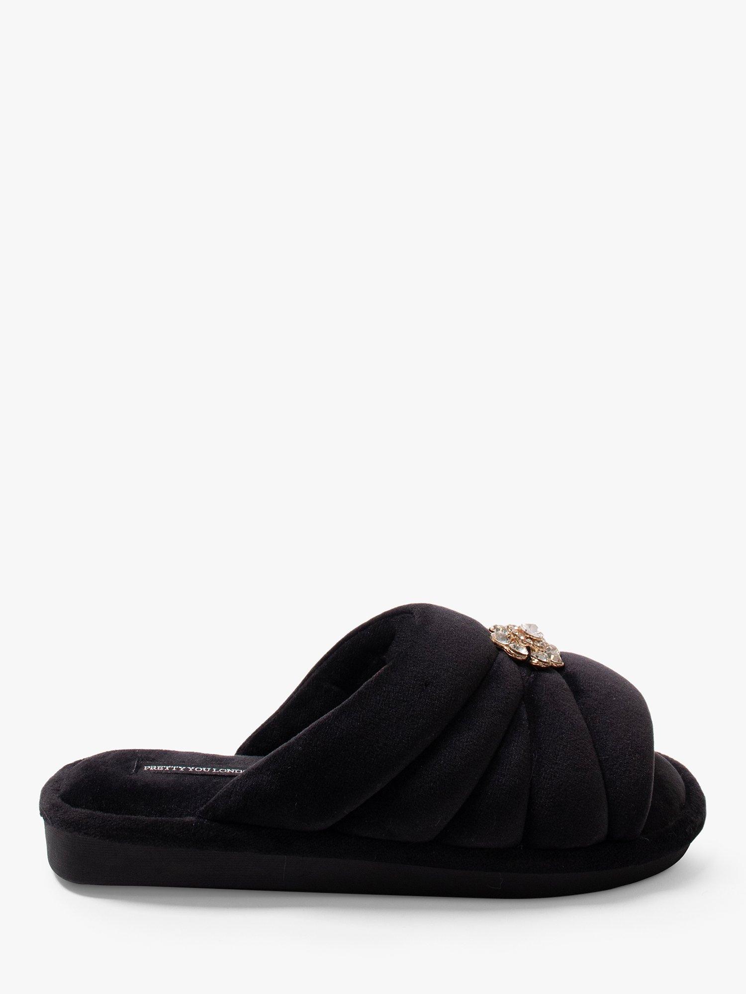 Product image 1 of 6, which shows Pretty You London Faye Crystal Brooch Slippers, Raven, S