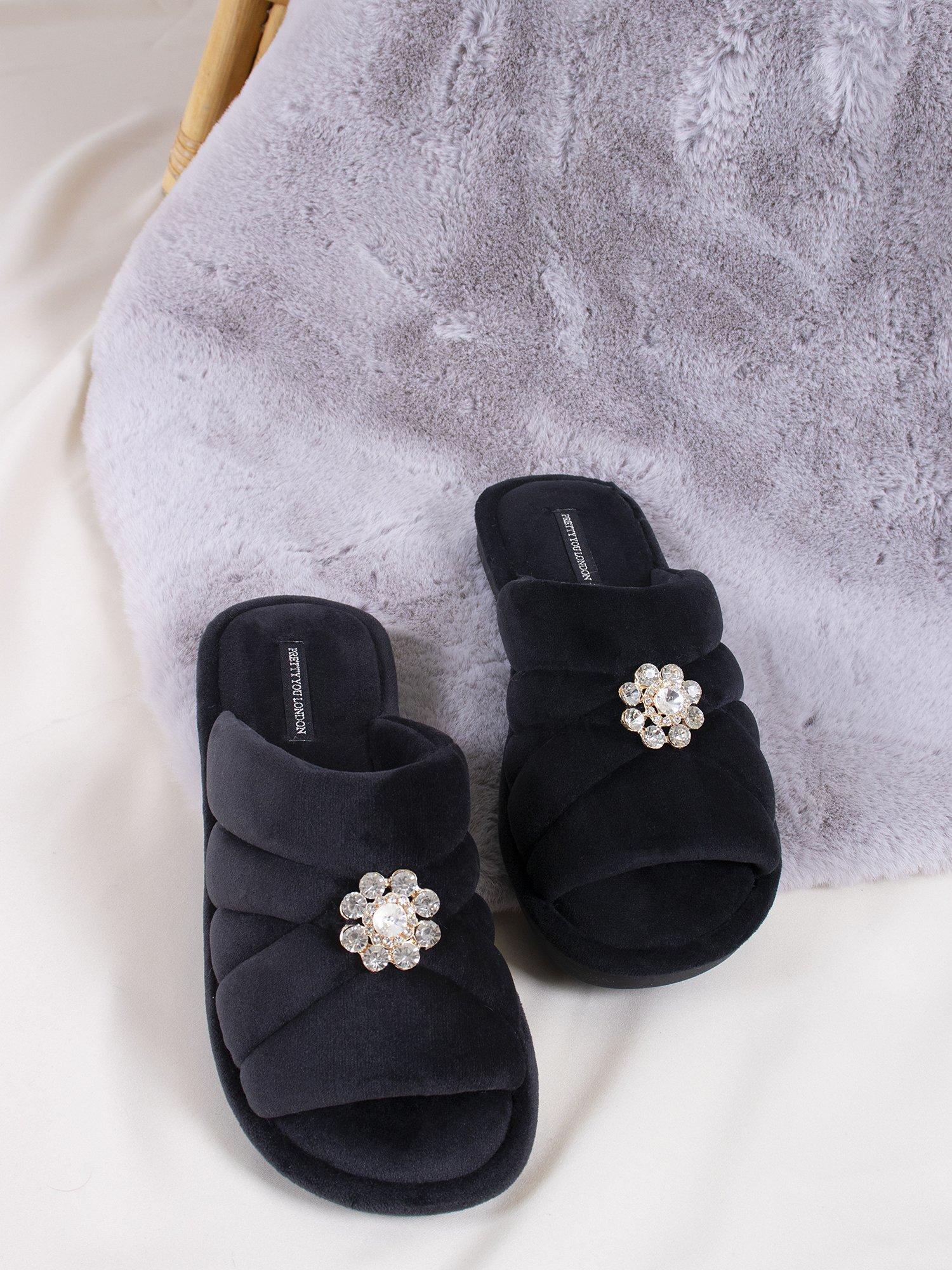 Product image 2 of 6, which shows Pretty You London Faye Crystal Brooch Slippers, Raven, S