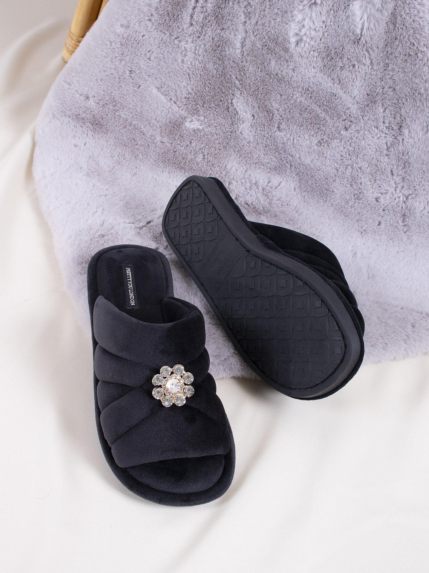 Product image 3 of 6, which shows Pretty You London Faye Crystal Brooch Slippers, Raven, S