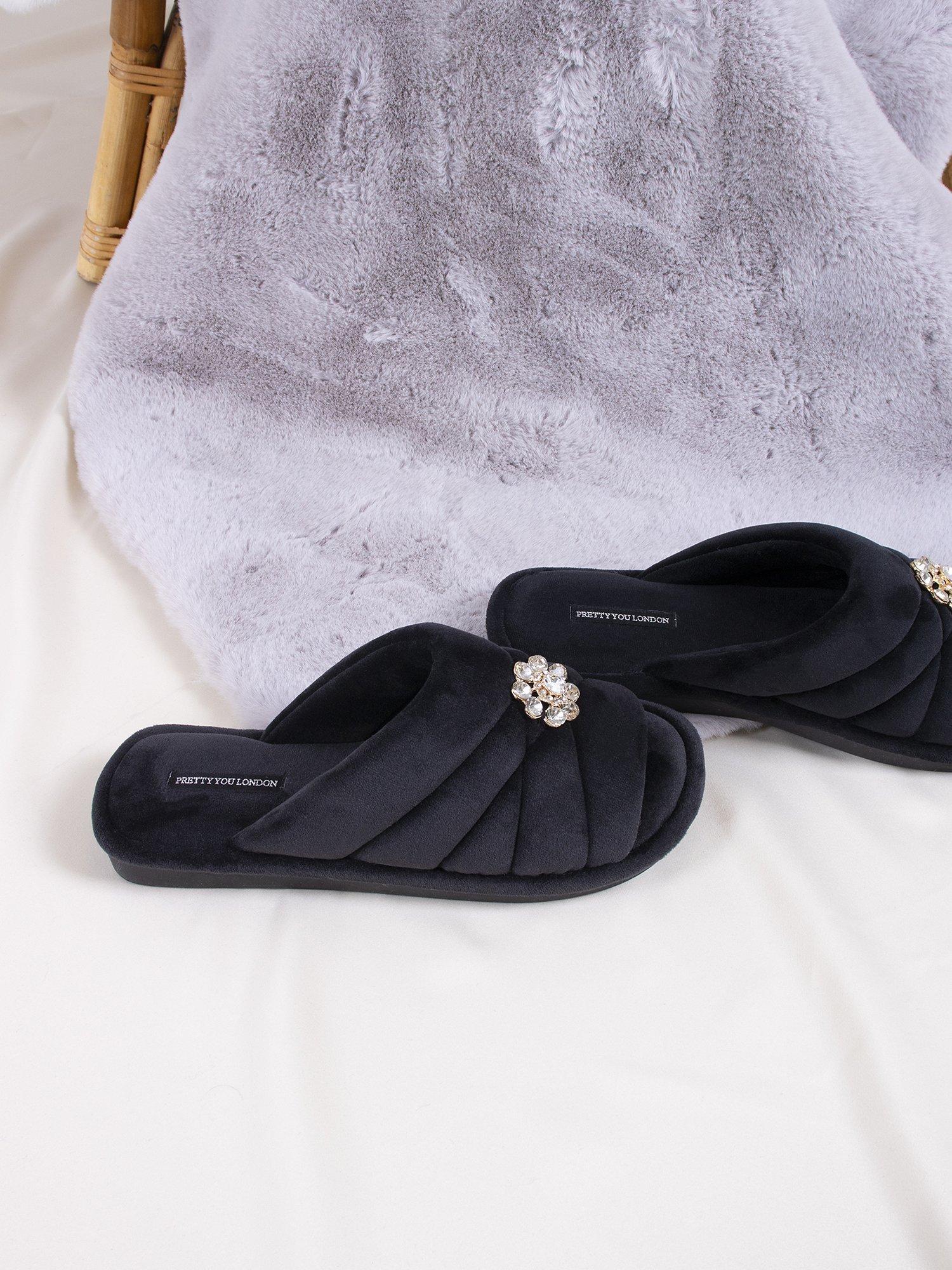 Product image 4 of 6, which shows Pretty You London Faye Crystal Brooch Slippers, Raven, S