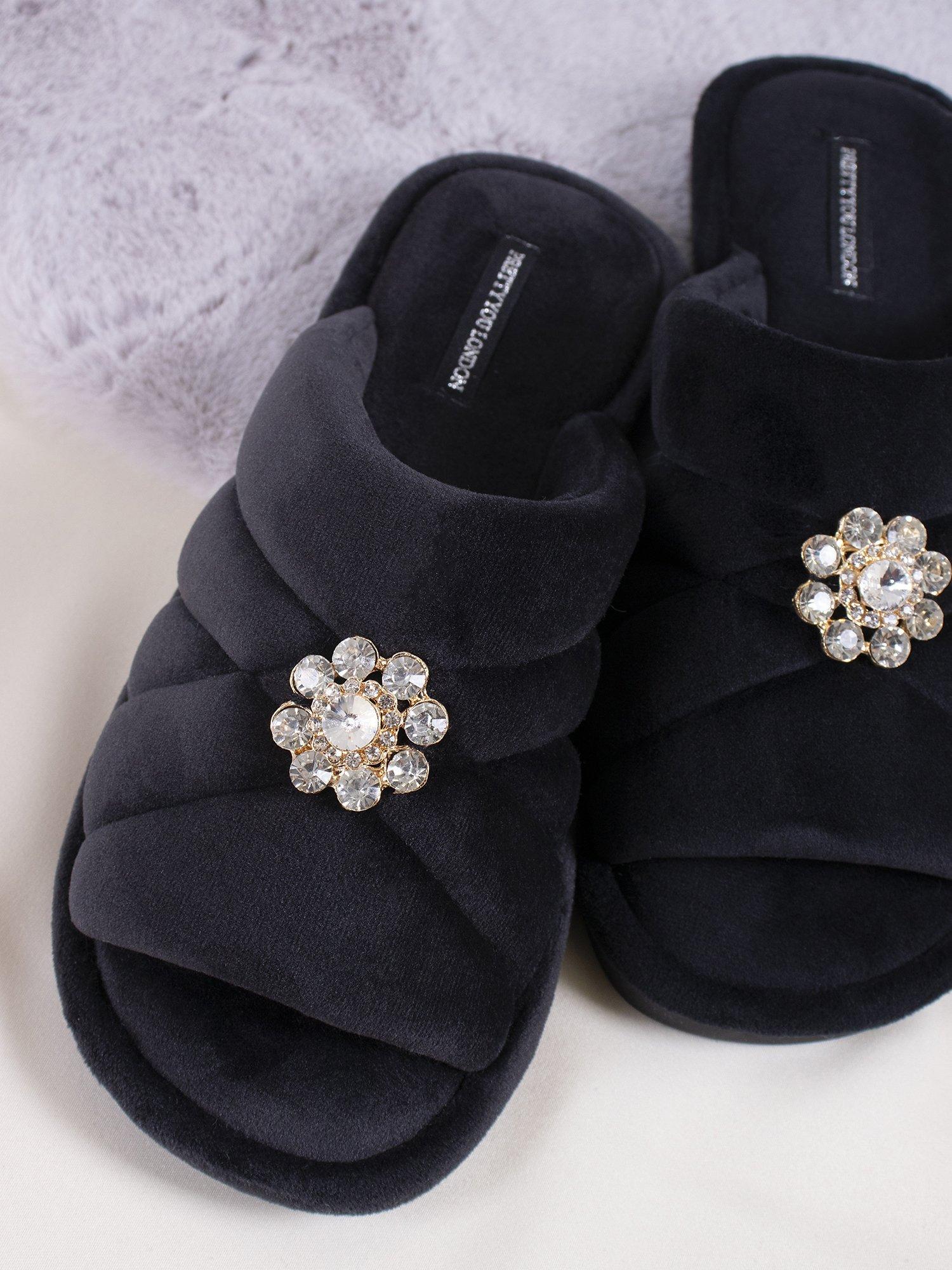 Product image 5 of 6, which shows Pretty You London Faye Crystal Brooch Slippers, Raven, S