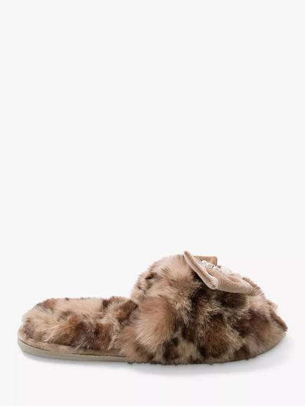 Pretty You London Anya Velvet Bow Slippers, Leopard, Leopard