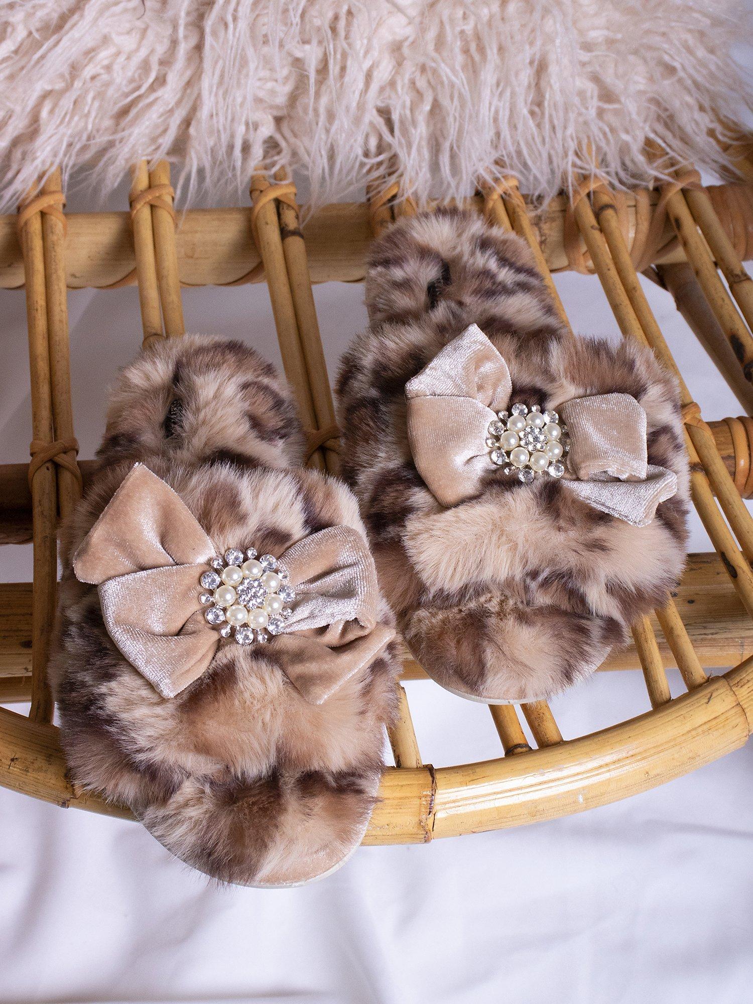 Product image 2 of 6, which shows Pretty You London Anya Velvet Bow Slippers, Leopard, M