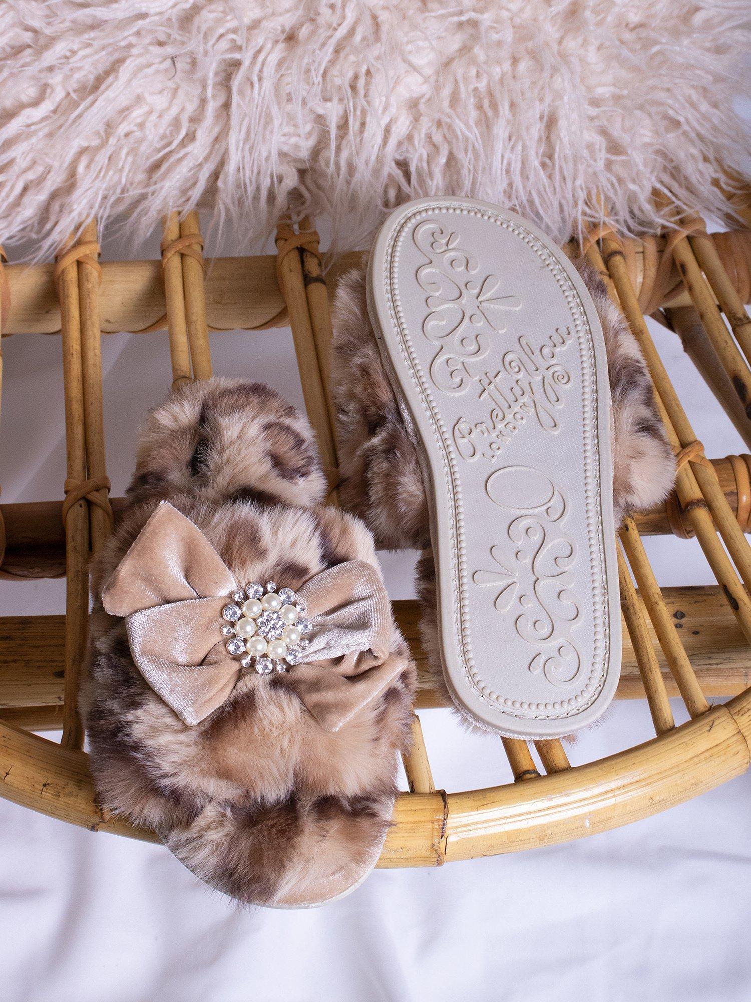 Product image 3 of 6, which shows Pretty You London Anya Velvet Bow Slippers, Leopard, M
