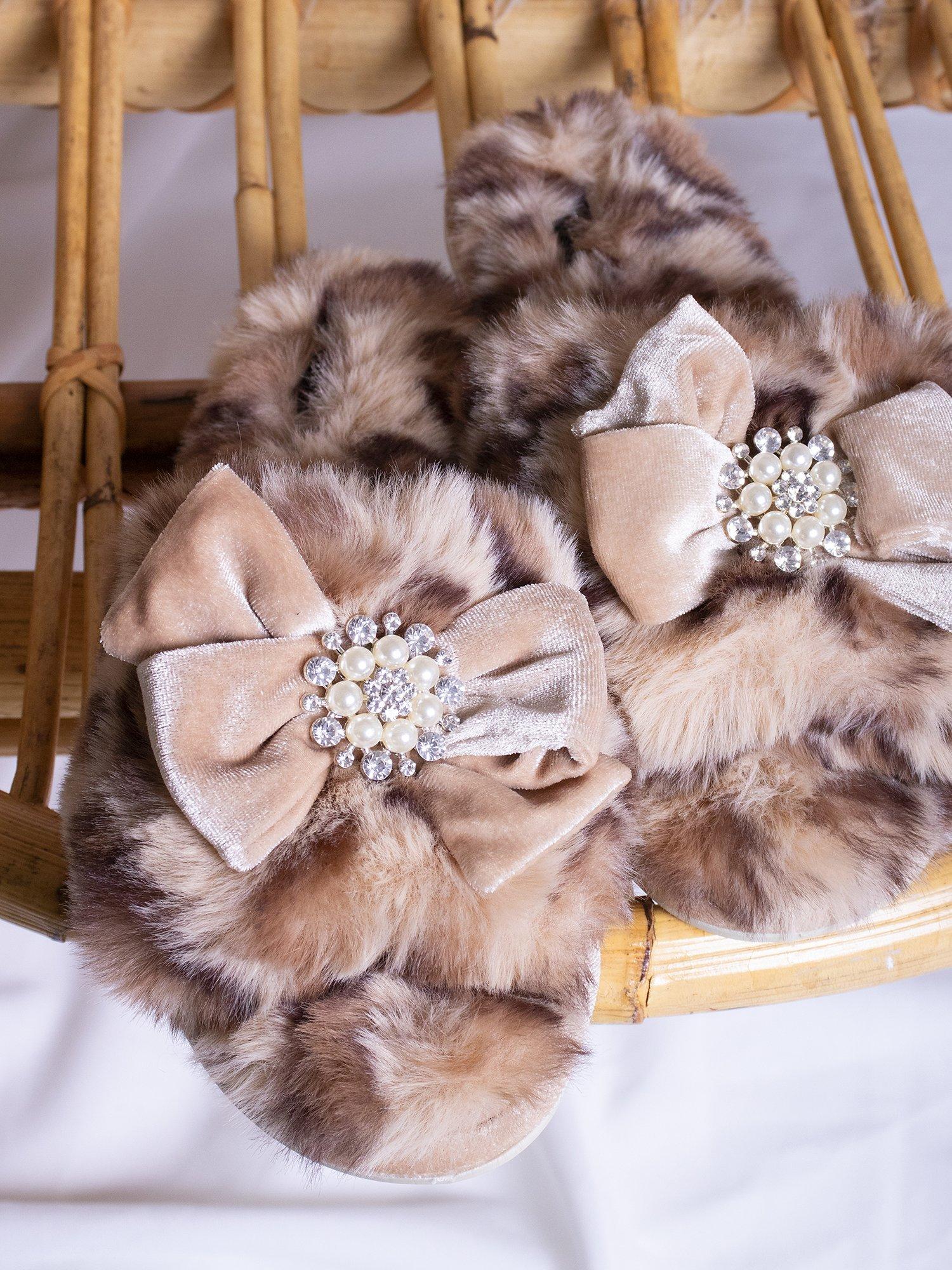Product image 5 of 6, which shows Pretty You London Anya Velvet Bow Slippers, Leopard, M