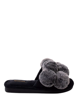 Pretty You London Dolly Pom Pom Slippers, Black