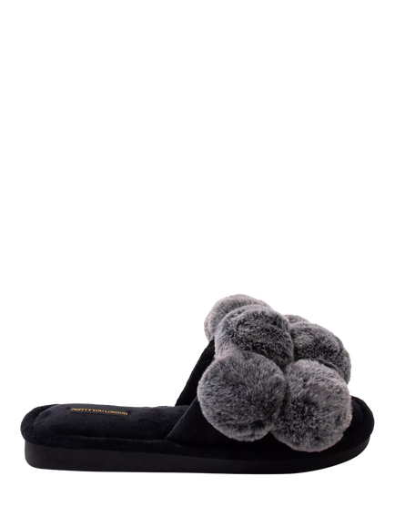 Pretty You London Dolly Pom Pom Slippers, Black
