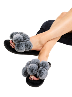 Pretty You London Dolly Pom Pom Slippers - view 2, Black