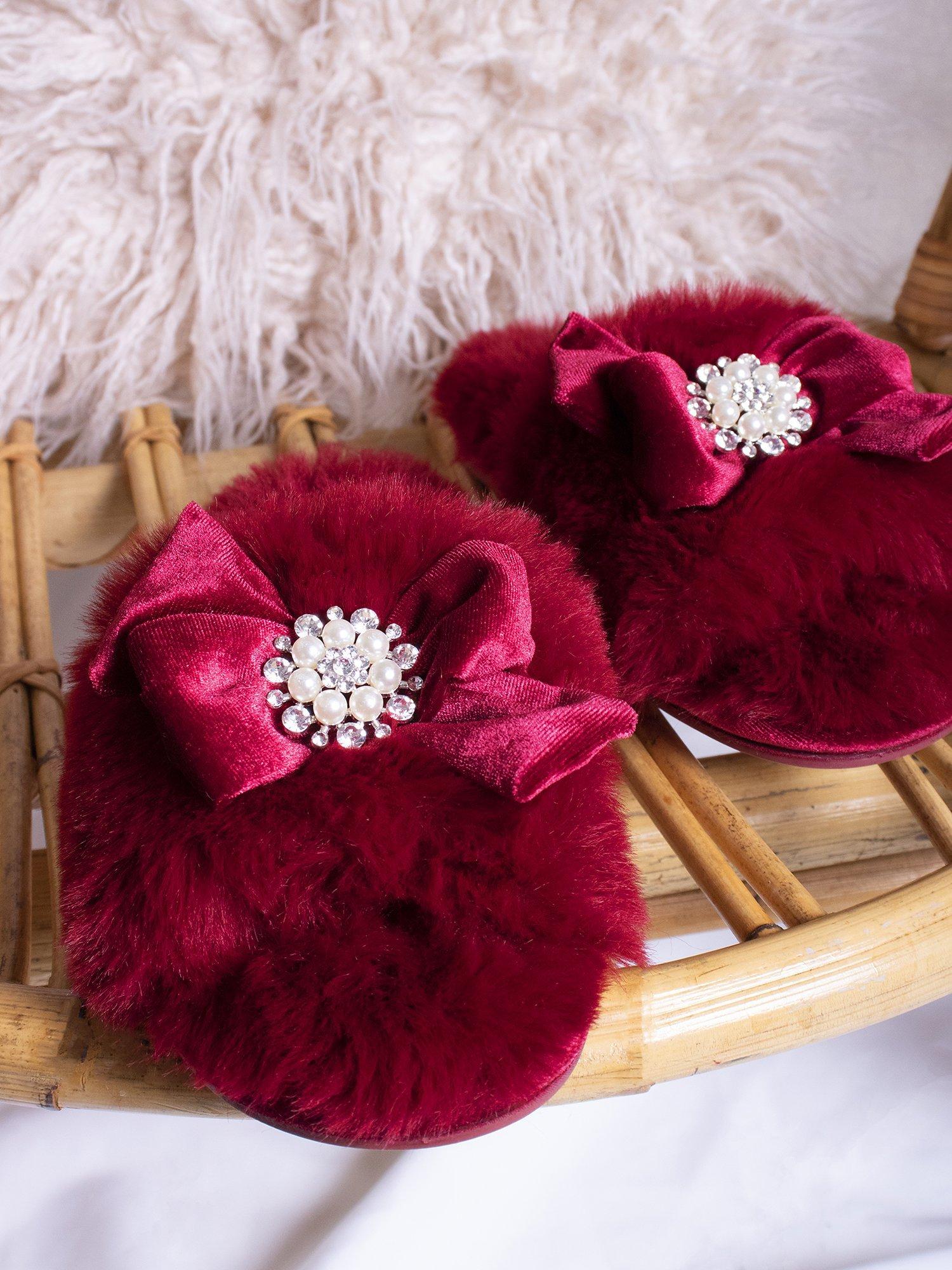 Product image 5 of 6, which shows Pretty You London Anya Velvet Bow Slippers, Red, M