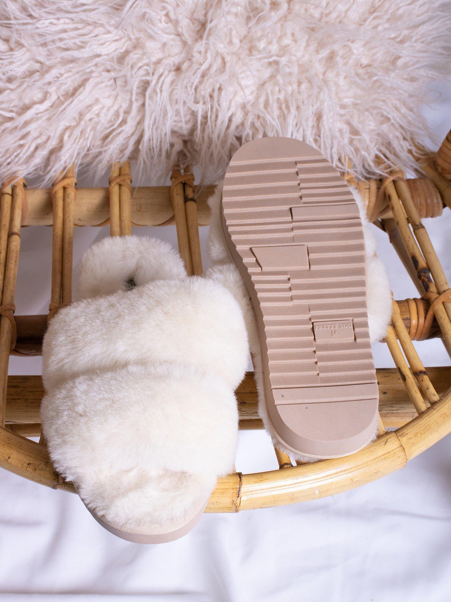Product image 2 of 5, which shows Pretty You London Jinx Double Band Sheepskin Slippers, Neutral, S
