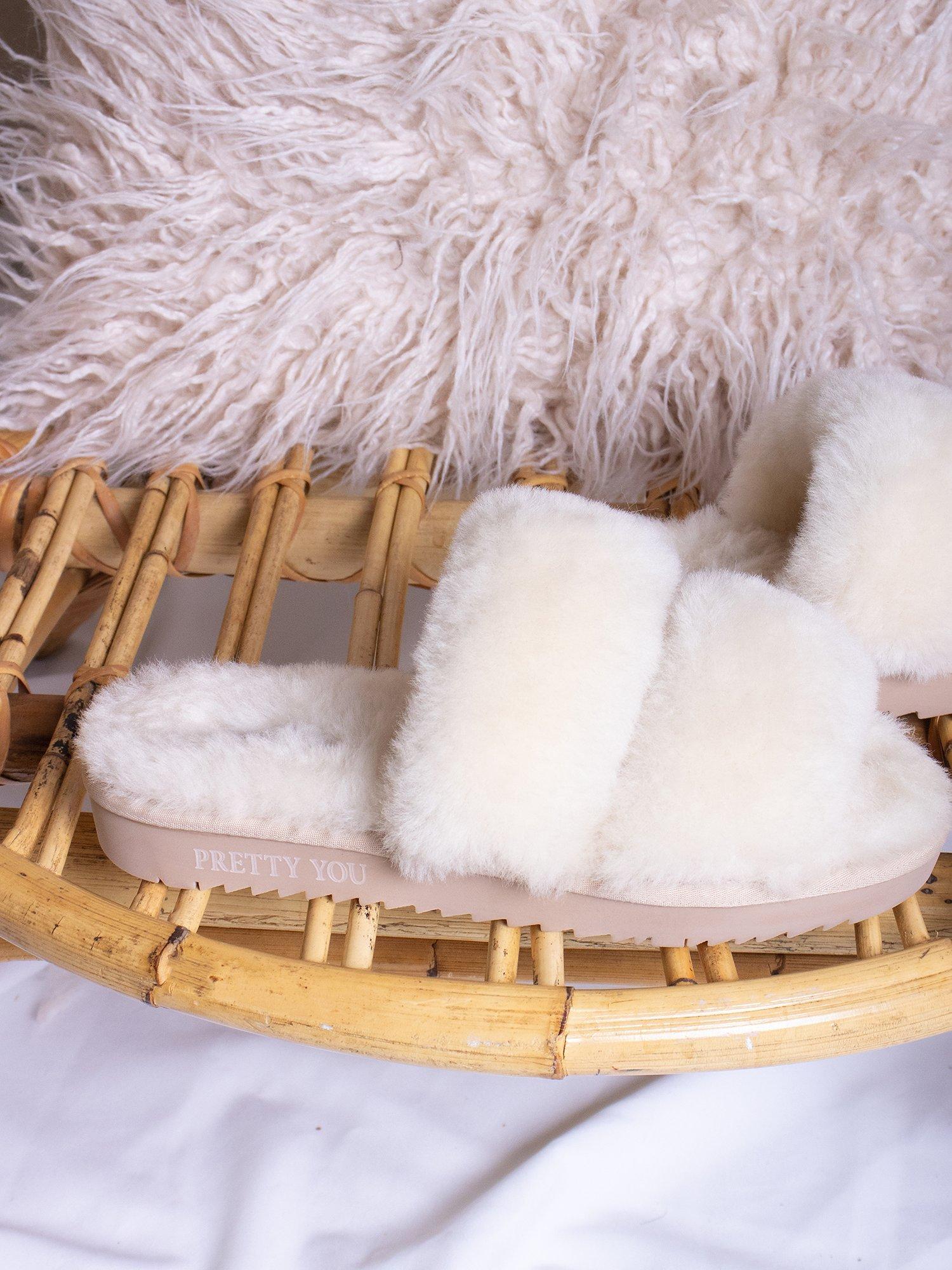 Product image 3 of 5, which shows Pretty You London Jinx Double Band Sheepskin Slippers, Neutral, S