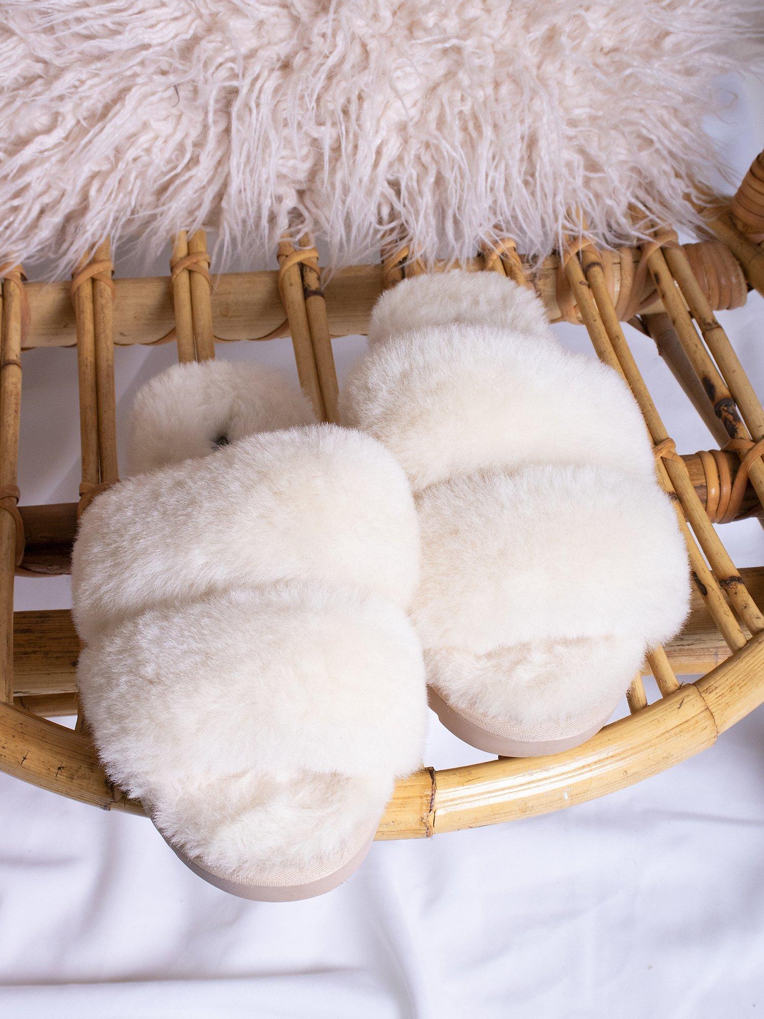 Product image 4 of 5, which shows Pretty You London Jinx Double Band Sheepskin Slippers, Neutral, S