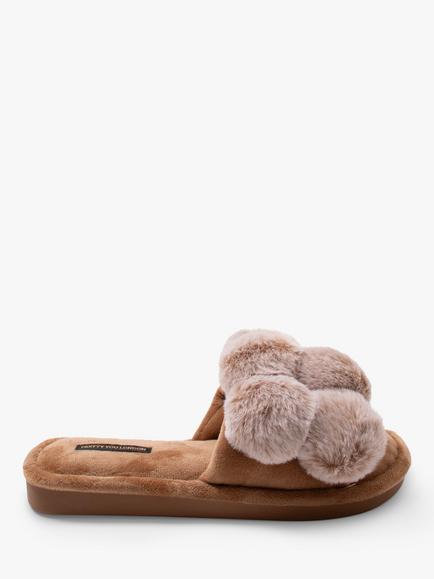 Pretty You London Dolly Pom Pom Slippers, Caramel