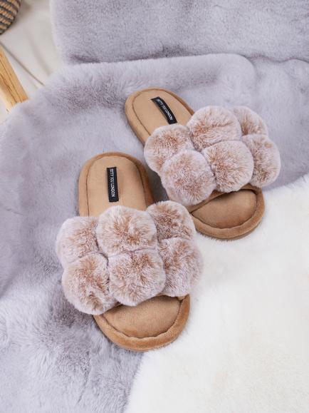 Pretty You London Dolly Pom Pom Slippers - view 2, Caramel
