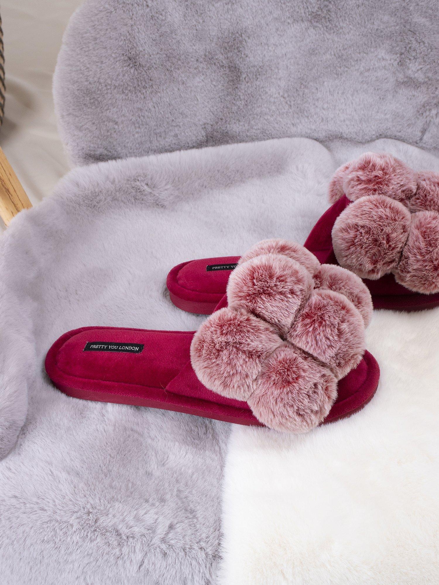 Pretty You London Dolly Pom Pom Slippers Red