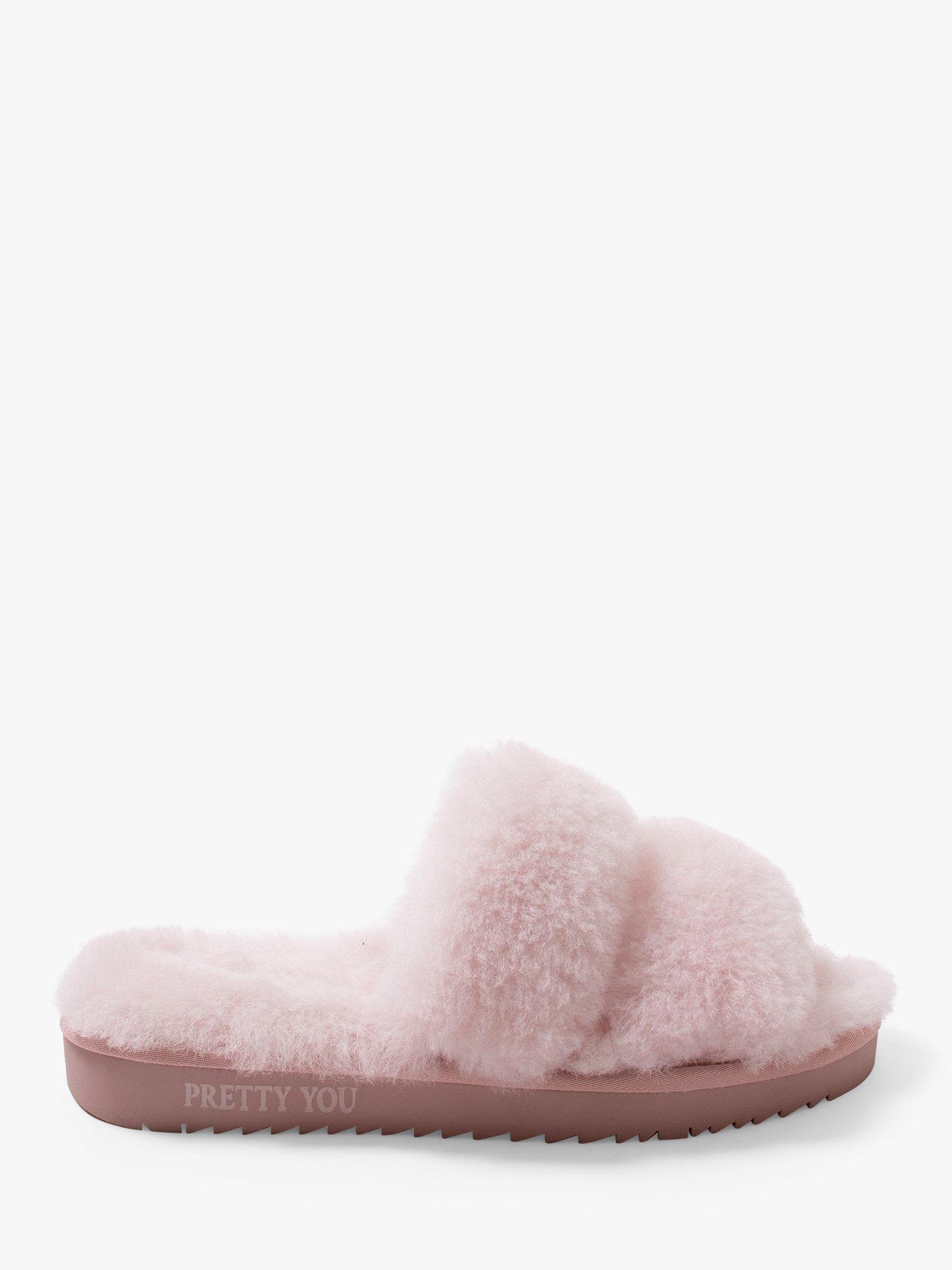 Product image 1 of 5, which shows Pretty You London Jinx Double Band Sheepskin Slippers, Rose, S