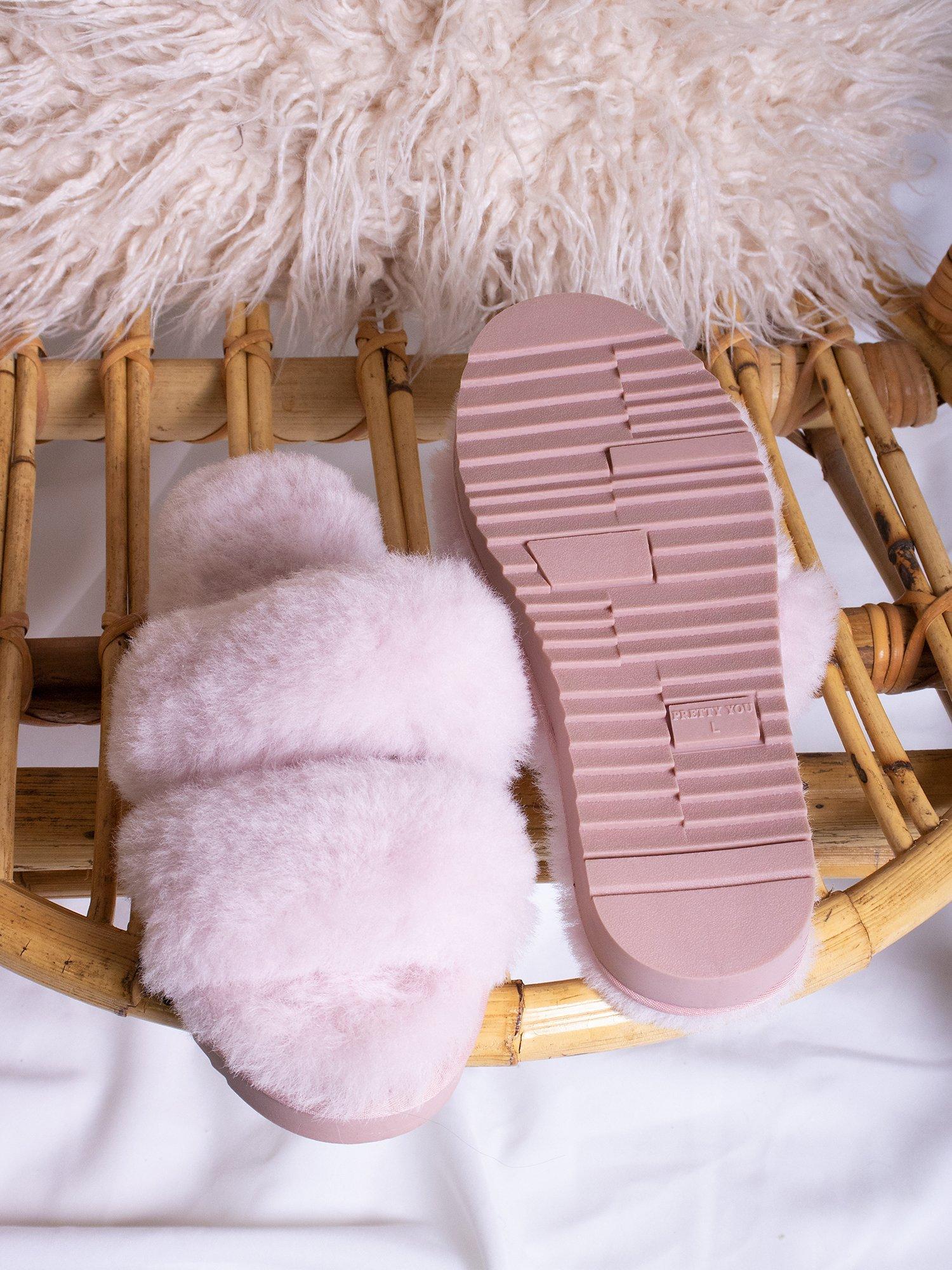 Product image 2 of 5, which shows Pretty You London Jinx Double Band Sheepskin Slippers, Rose, S