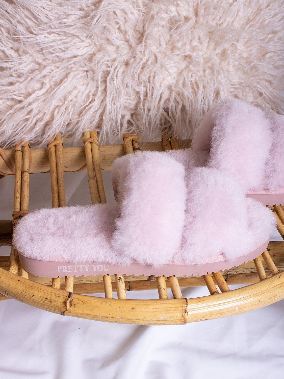 Product image 3 of 5, which shows Pretty You London Jinx Double Band Sheepskin Slippers, Rose, S