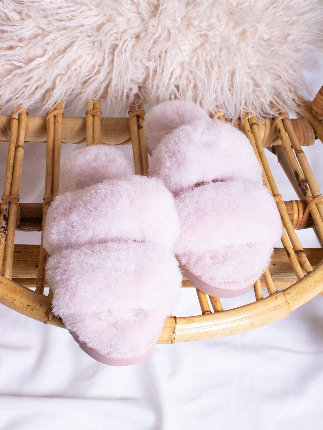 Product image 4 of 5, which shows Pretty You London Jinx Double Band Sheepskin Slippers, Rose, S