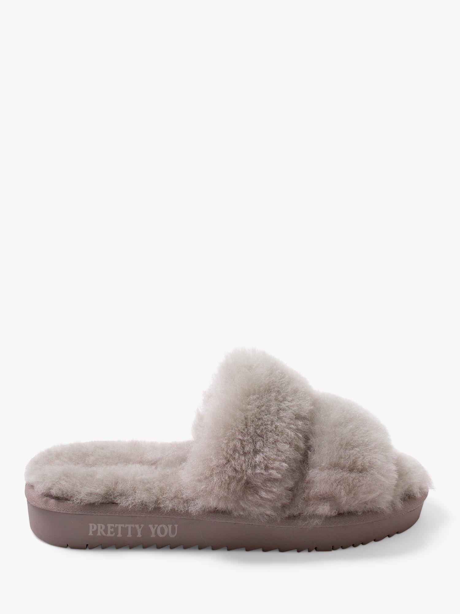 Product image 1 of 5, which shows Pretty You London Jinx Double Band Sheepskin Slippers, Truffle, M
