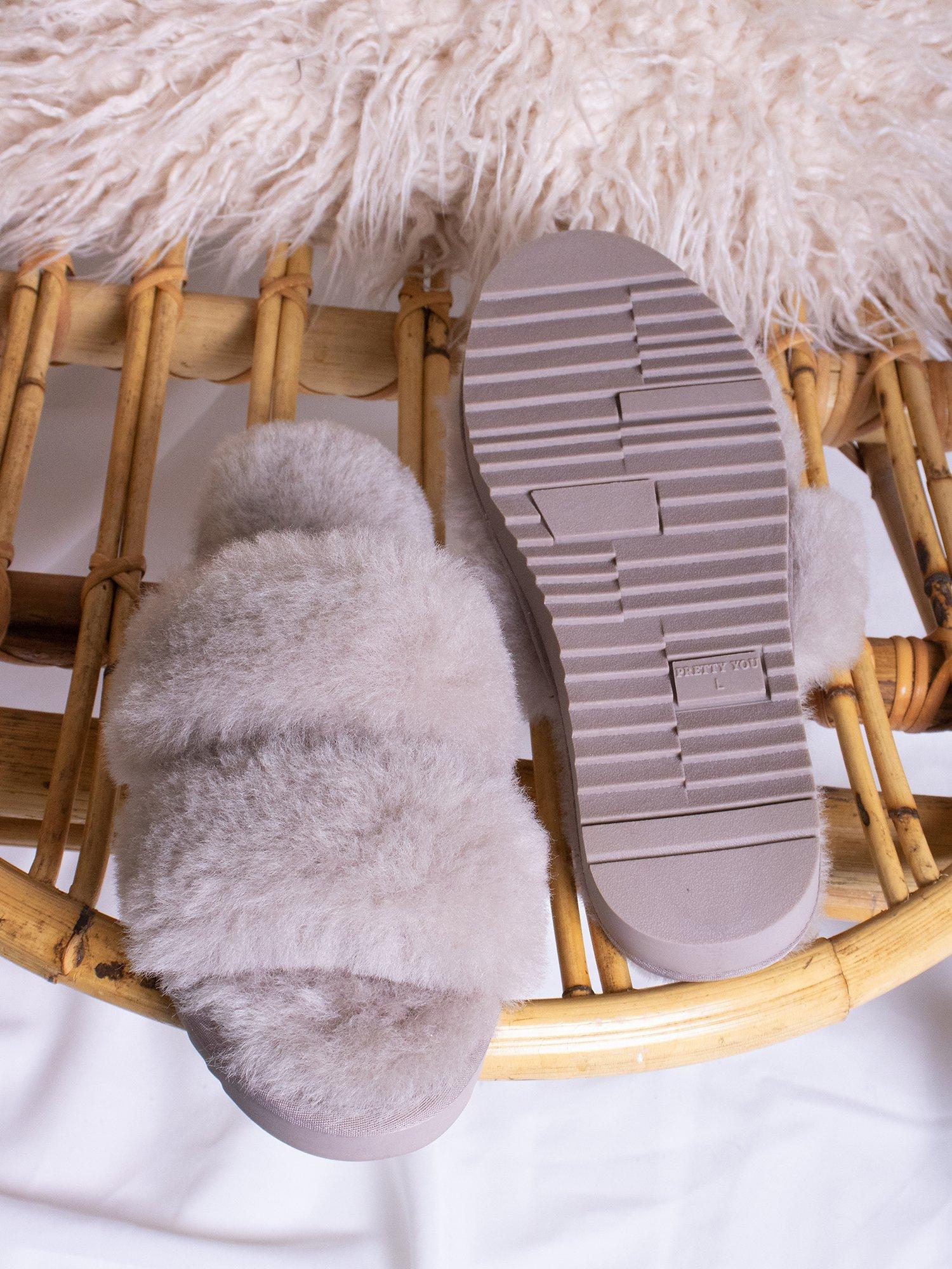 Product image 2 of 5, which shows Pretty You London Jinx Double Band Sheepskin Slippers, Truffle, M