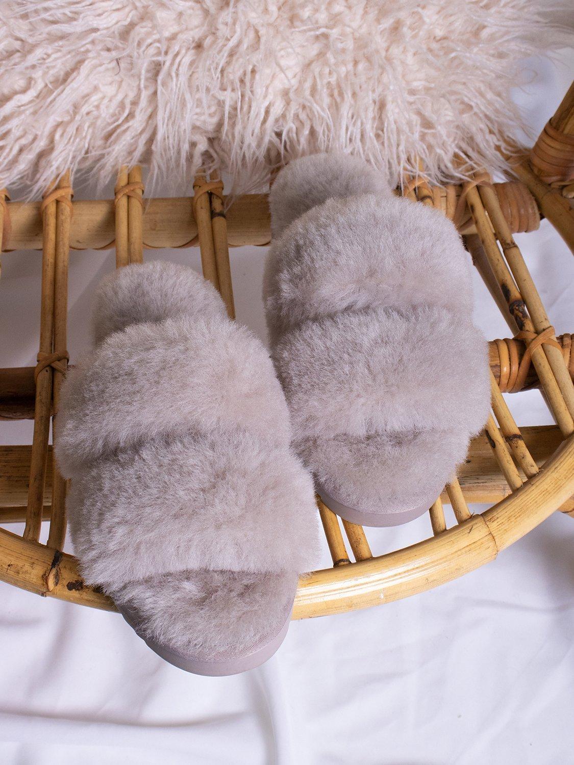 Product image 4 of 5, which shows Pretty You London Jinx Double Band Sheepskin Slippers, Truffle, M