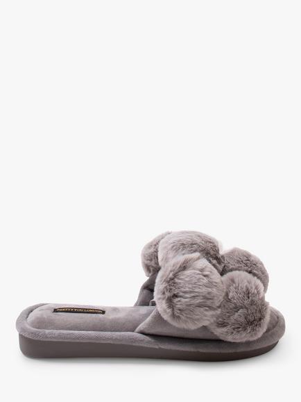Pretty You London Dolly Pom Pom Slippers, Grey