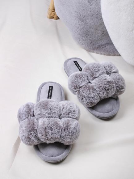 Pretty You London Dolly Pom Pom Slippers - view 2, Grey
